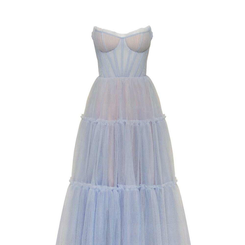 Elegant Blue Strapless Maxi Dress - Picture 2 of 10